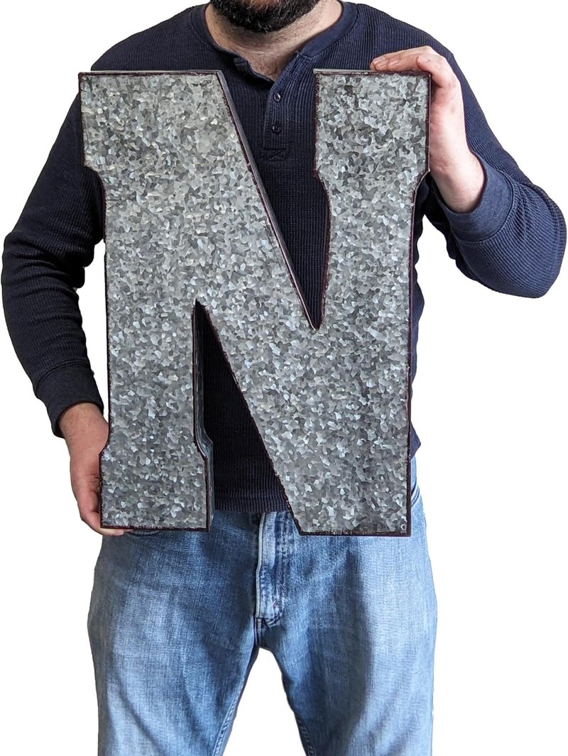 Science Purchase 20" Metal Letter N Wall Decor, Silver with Rusted Edges, Galvanized Wall Mountable Decoration for Country, Mid-Century, or Farmhouse Themed Room or Event - Image 2